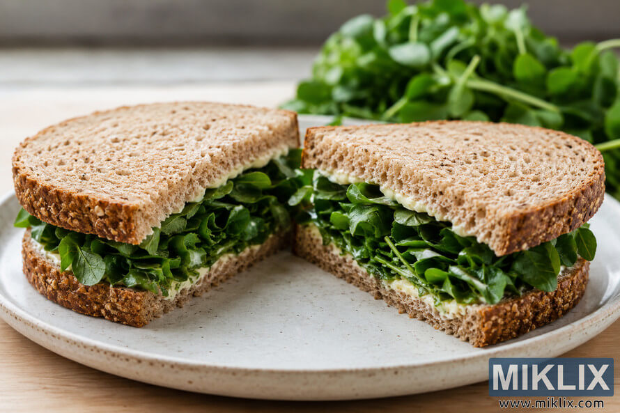 Watercress sandwich on seeded whole grain bread cut in half and served on a ceramic plate with fresh greens in the background. Watercress sandwich on seeded whole grain bread cut in half and served on a ceramic plate with fresh greens in the background.