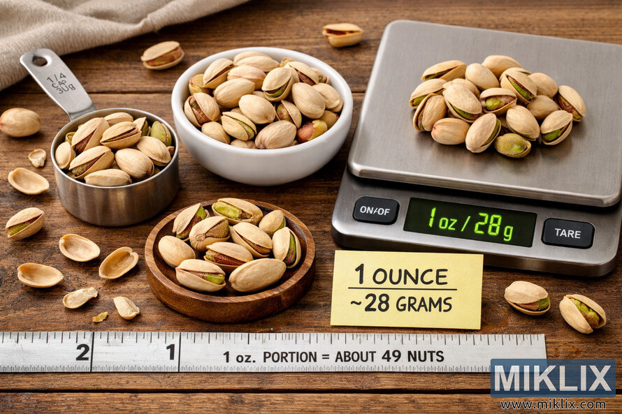 A detailed photo of a measured portion of pistachios on a wooden table, including a bowl, measuring cup, digital scale, and sticky note indicating serving size. A detailed photo of a measured portion of pistachios on a wooden table, including a bowl, measuring cup, digital scale, and sticky note indicating serving size.