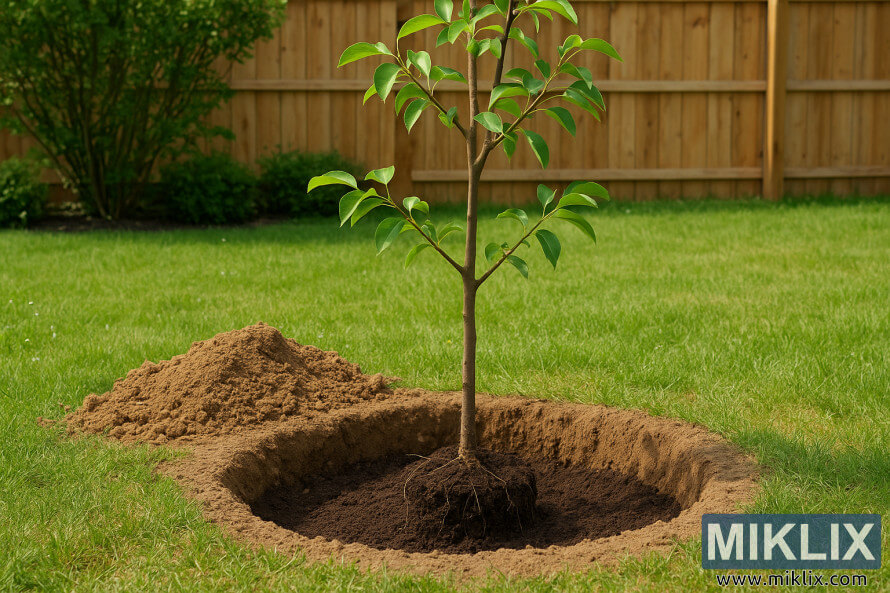 Young pear tree sapling planted in a garden with fresh soil and green leaves.