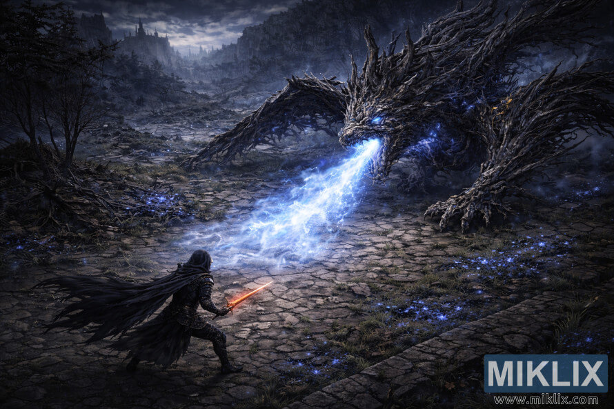 Realistic dark-fantasy landscape view of the Tarnished in Black Knife armor wielding a red-glowing sword while a colossal Ghostflame Dragon breathes blue fire across Moorth Highway in Elden Ring: Shadow of the Erdtree.
