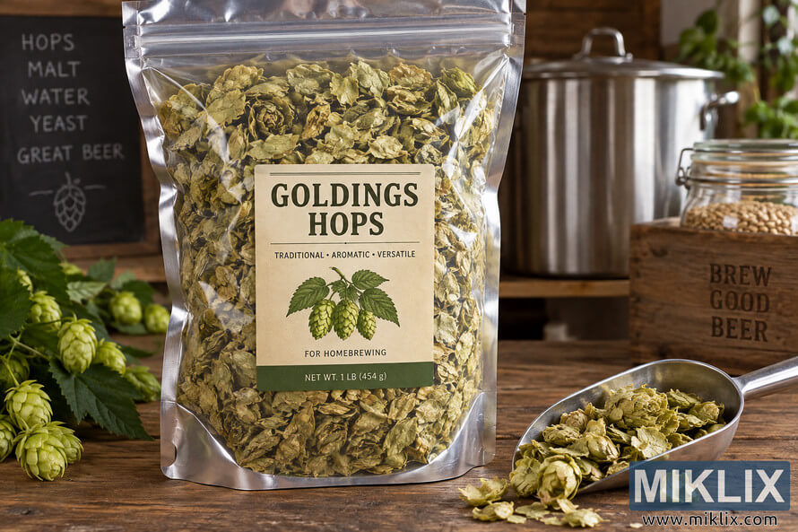 Large unbranded resealable package of dried Goldings hops on a rustic wooden brewing table, surrounded by fresh hop cones, a metal scoop, brewing equipment, and grain.