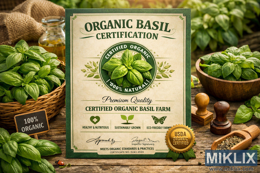Organic basil certification certificate on a rustic wooden table surrounded by fresh basil leaves and organic farming items.
