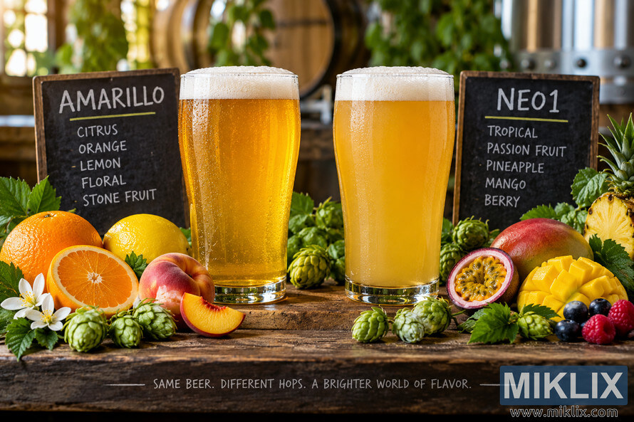 Two beers side by side comparing Amarillo and Neo1 hop character, surrounded by citrus, tropical fruit, berries, hop cones, and tasting-note boards in a rustic brewery setting.