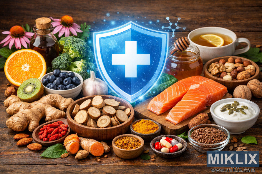 Landscape photo of a rustic wooden table covered with a wide variety of immune-supporting foods and herbs, centered around a glowing blue shield with a white cross symbolizing the immune system. Fresh fruits and vegetables such as a halved orange, blueberries, kiwi, broccoli, garlic, and ginger are arranged to the left, while a wooden bowl of sliced burdock root, goji berries, almonds, turmeric powder, and fresh turmeric root sit in the foreground. To the right, a salmon fillet on a wooden board, a jar of honey, mixed nuts, a cup of green tea with lemon, and a bowl of yogurt topped with pumpkin seeds are displayed. Additional elements include elderberry syrup in a glass bottle, dishes of bee pollen and flaxseeds, echinacea flowers in the background, and small dishes containing capsules and sunflower seeds, all illuminated by soft, even lighting. Landscape photo of a rustic wooden table covered with a wide variety of immune-supporting foods and herbs, centered around a glowing blue shield with a white cross symbolizing the immune system. Fresh fruits and vegetables such as a halved orange, blueberries, kiwi, broccoli, garlic, and ginger are arranged to the left, while a wooden bowl of sliced burdock root, goji berries, almonds, turmeric powder, and fresh turmeric root sit in the foreground. To the right, a salmon fillet on a wooden board, a jar of honey, mixed nuts, a cup of green tea with lemon, and a bowl of yogurt topped with pumpkin seeds are displayed. Additional elements include elderberry syrup in a glass bottle, dishes of bee pollen and flaxseeds, echinacea flowers in the background, and small dishes containing capsules and sunflower seeds, all illuminated by soft, even lighting.