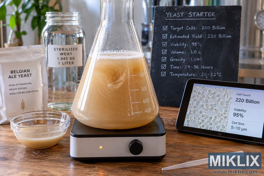 Belgian ale yeast starter swirling in a glass flask on a stir plate, with wort, yeast, cell-count data, and preparation targets displayed nearby. Belgian ale yeast starter swirling in a glass flask on a stir plate, with wort, yeast, cell-count data, and preparation targets displayed nearby.