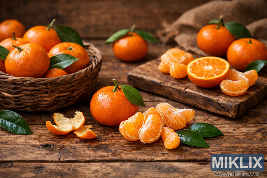 Ripe tangerines arranged on a rustic wooden table with a wicker basket, peeled segments, and green leaves under warm natural light. Ripe tangerines arranged on a rustic wooden table with a wicker basket, peeled segments, and green leaves under warm natural light.