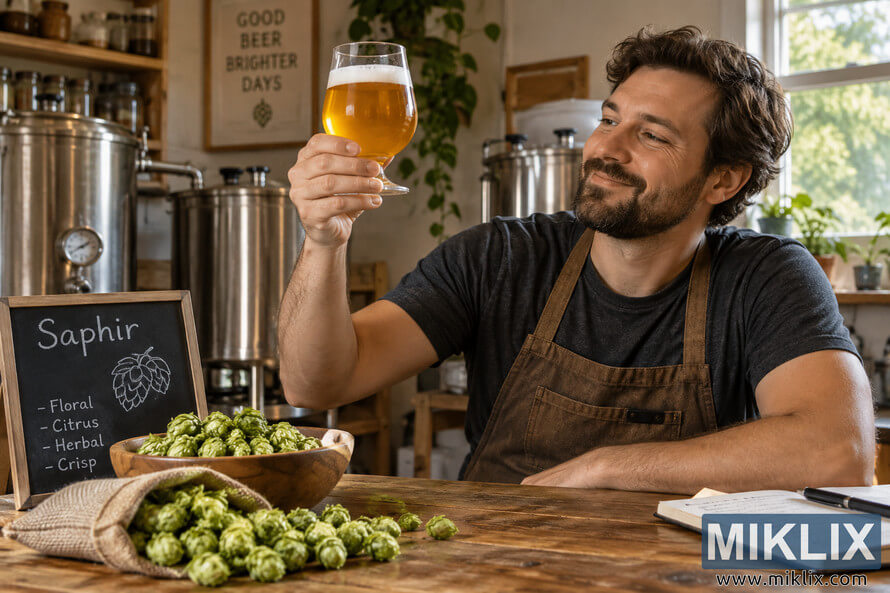 Homebrewer in a warm, rustic brewing room smiling as he holds a stemmed glass of golden beer up to the light, with green Saphir hops, a chalkboard, brewing notes, and stainless-steel brewing equipment surrounding him.