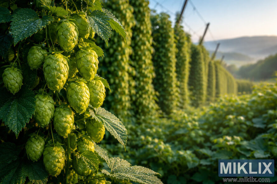 High-resolution landscape photo of vibrant green Nadwislanska hop cones on vines with dew, supported by a wooden trellis, set against rolling hills and a clear blue sky in warm morning light.
