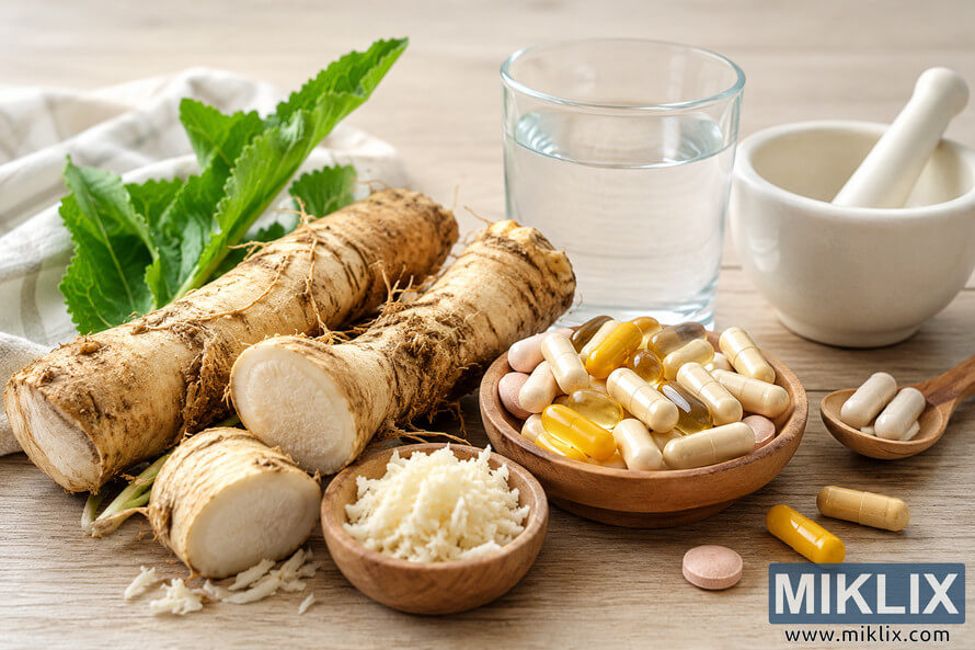Fresh horseradish roots, shredded horseradish, herbal leaves, vitamin capsules, a glass of water, and a mortar and pestle arranged on a light wooden table in a natural immune support wellness scene.