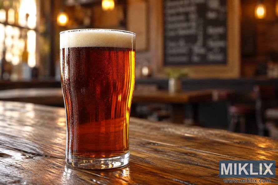 Photorealistic landscape image of an unbranded California Common-style amber beer with a creamy foam head in a traditional pint glass on a rustic wooden pub bar, with warm golden lighting and a softly blurred interior in the background.