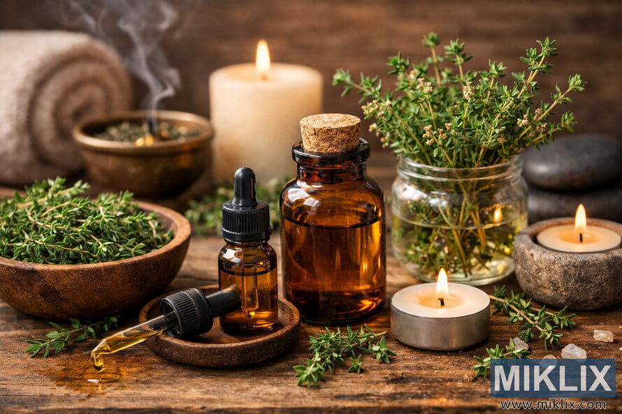 A warm, rustic aromatherapy still life featuring an amber glass bottle of thyme essential oil with a cork stopper, a smaller dropper bottle resting on a wooden dish with a single drop of golden oil, a clear jar filled with fresh thyme sprigs, scattered herbs, small white crystals, and several lit candles arranged on a weathered wooden surface, with a towel, incense burner releasing a wisp of smoke, and a massage stone softly blurred in the background. A warm, rustic aromatherapy still life featuring an amber glass bottle of thyme essential oil with a cork stopper, a smaller dropper bottle resting on a wooden dish with a single drop of golden oil, a clear jar filled with fresh thyme sprigs, scattered herbs, small white crystals, and several lit candles arranged on a weathered wooden surface, with a towel, incense burner releasing a wisp of smoke, and a massage stone softly blurred in the background.