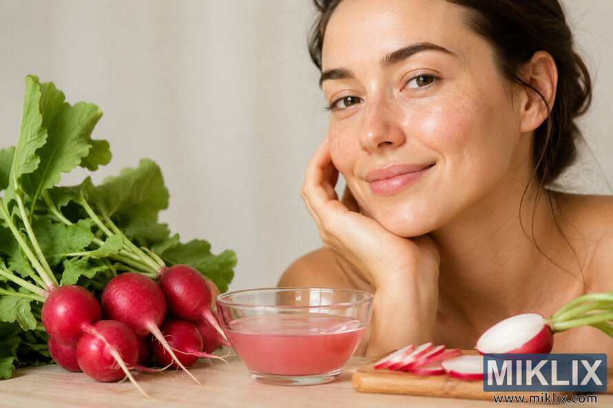 A naturally glowing woman poses beside fresh radishes, sliced radishes, and a bowl of pink botanical-inspired liquid on a wooden surface in a minimalist, softly lit setting that symbolizes fresh, plant-based skincare and healthy skin.