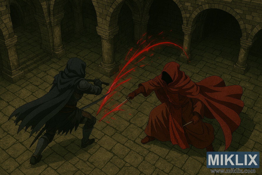 Anime stiliaus izometrinis gerbÄjÅ³ pieÅ¡inys, vaizduojantis ApgaubtÄ kovotojÄ su gobtuvu EsgarÄ, Kraujo Å¾ynÄ¯, Eldeno Ringo Leyndell katakombose.