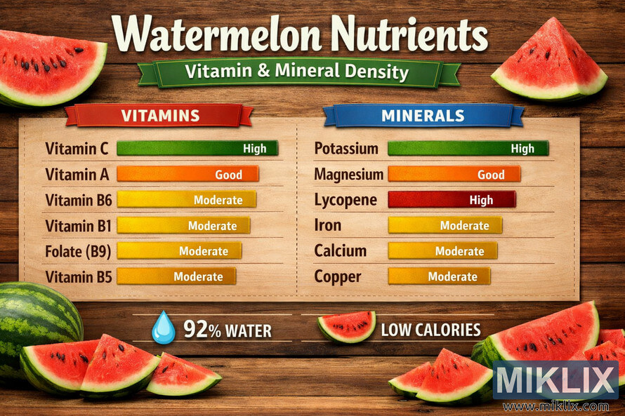 Infographic showing watermelon nutrient composition with vitamin and mineral density comparison bars, including Vitamin C, Vitamin A, Vitamin B6, Folate, Potassium, Magnesium, Lycopene, and other nutrients, set against a wooden background with watermelon slices. Infographic showing watermelon nutrient composition with vitamin and mineral density comparison bars, including Vitamin C, Vitamin A, Vitamin B6, Folate, Potassium, Magnesium, Lycopene, and other nutrients, set against a wooden background with watermelon slices.