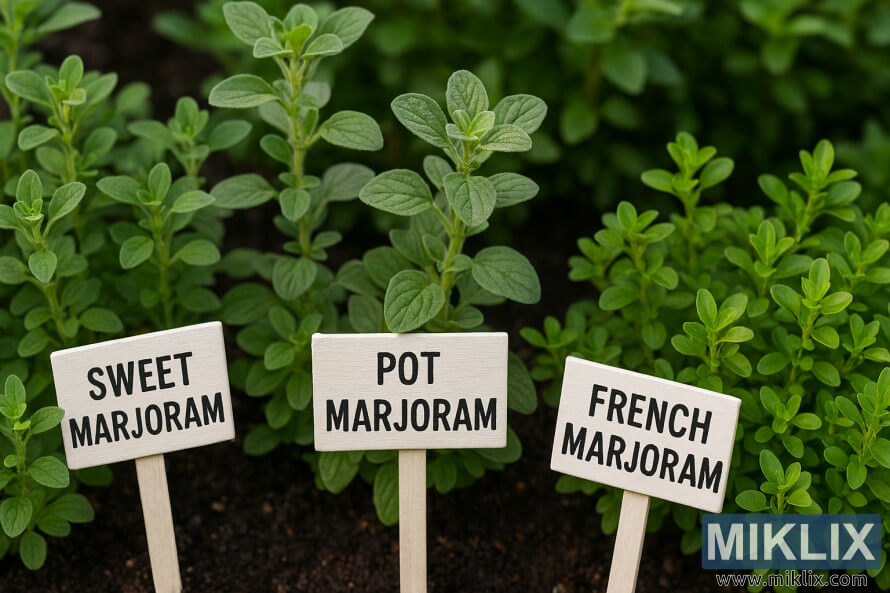 Des plantes de marjolaine sucrÃ©e, de marjolaine en pot et de marjolaine franÃ§aise poussant dans un jardin avec des marqueurs marquÃ©s