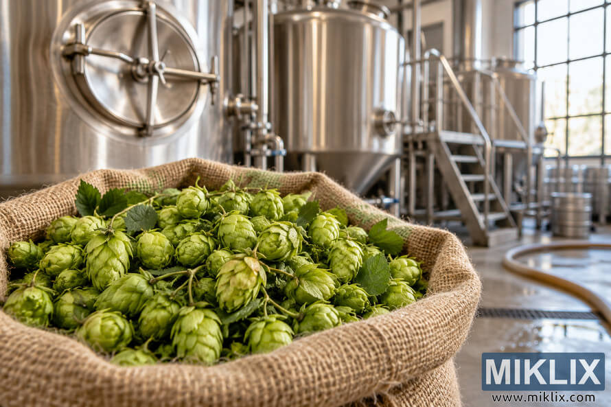 Fresh green hop cones and leaves fill an open burlap sack in the foreground of a modern brewery with stainless-steel fermentation tanks, pipes, stairs, and warm natural light. Fresh green hop cones and leaves fill an open burlap sack in the foreground of a modern brewery with stainless-steel fermentation tanks, pipes, stairs, and warm natural light.