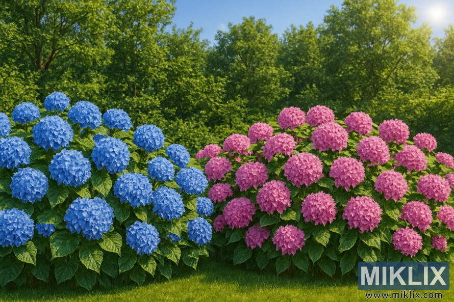 Des arbustes dâhortensias bleus et roses en pleine floraison le long dâune bordure de jardin ensoleillÃ©e.