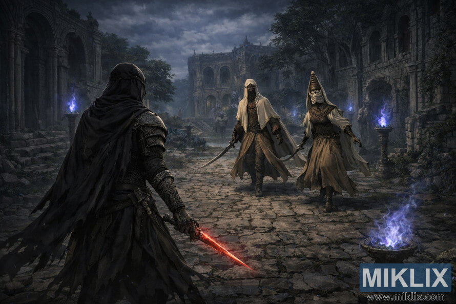 Illustrazione dark fantasy del Tarnished con un pugnale rosso brillante che affronta la Spadaccina Nox e il Monaco Nox nelle strade in rovina della CittÃ  della Stregoneria di Sellia sotto un cielo tempestoso.