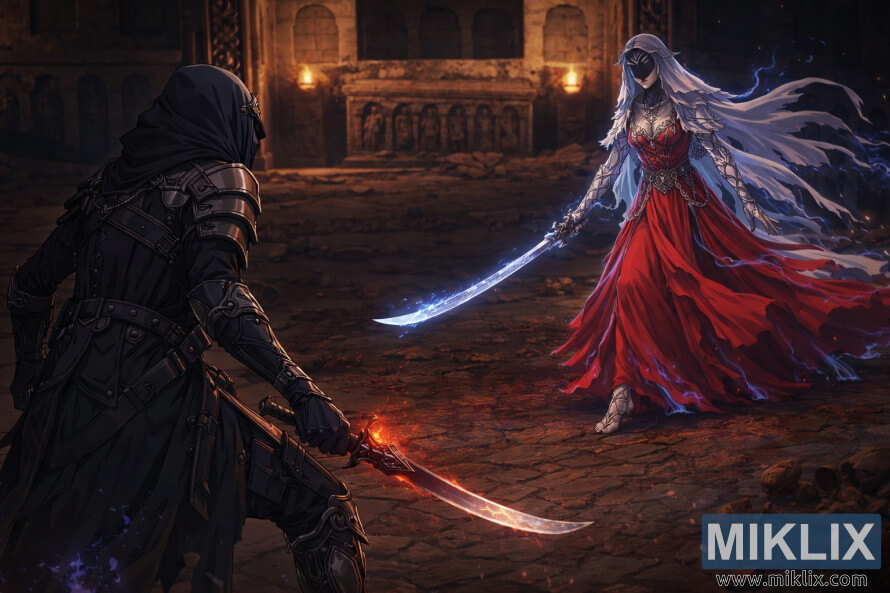 Anime-style illustration of the Tarnished in Black Knife armor facing the Dancer of Ranah in a ruined mausoleum, her red dress visible beneath a blue spectral glow just before battle.