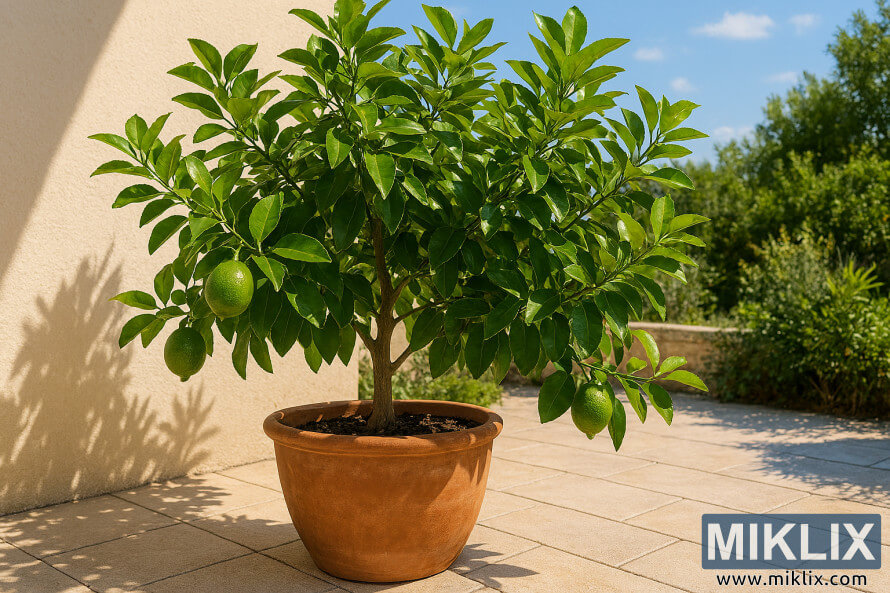 Lime tree with glossy green leaves and fruit growing in a terracotta pot on a sunlit patio