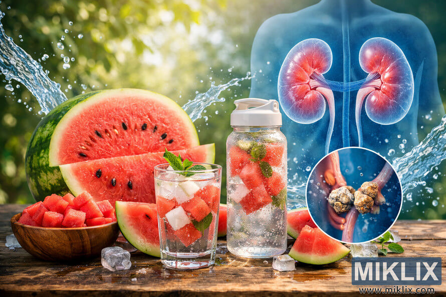 A high-resolution landscape photo showing sliced watermelon, a glass of watermelon-infused water, and a 3D illustration of human kidneys highlighting kidney stone prevention through hydration. A high-resolution landscape photo showing sliced watermelon, a glass of watermelon-infused water, and a 3D illustration of human kidneys highlighting kidney stone prevention through hydration.
