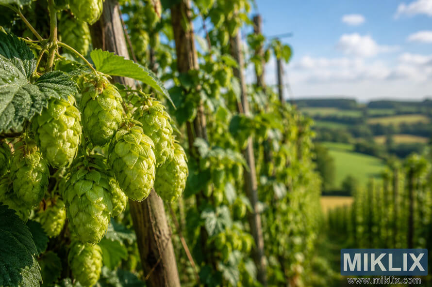 Close-up of dew-covered green Pride of Kent hops growing on bines along a rustic wooden trellis, with blurred Kent countryside and blue sky in the background. Close-up of dew-covered green Pride of Kent hops growing on bines along a rustic wooden trellis, with blurred Kent countryside and blue sky in the background.