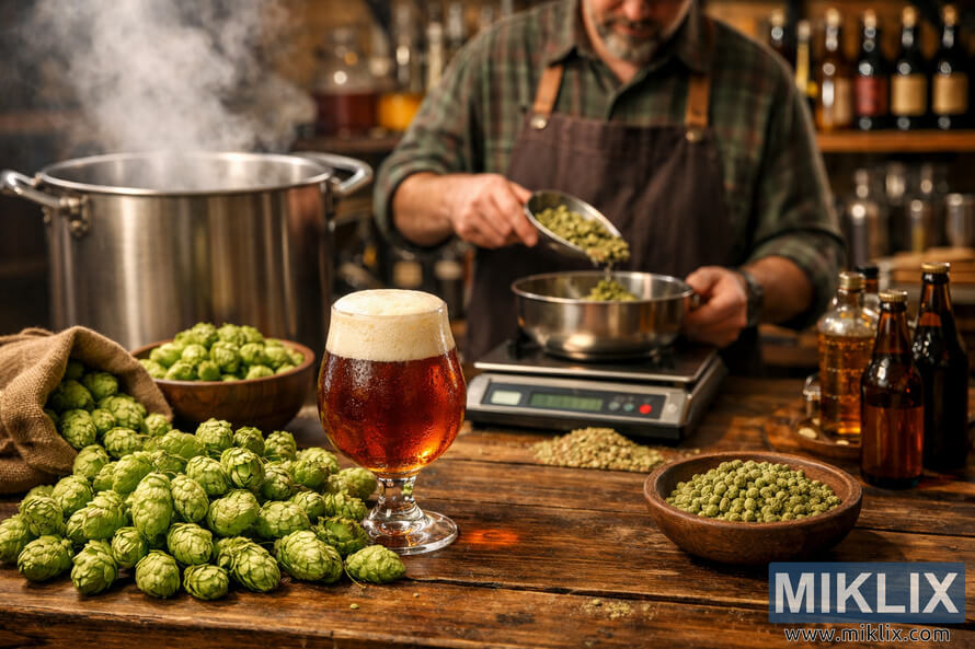 Brewmaster measuring Santiam hops beside a steaming kettle and a glass of amber beer on a rustic wooden table. Brewmaster measuring Santiam hops beside a steaming kettle and a glass of amber beer on a rustic wooden table.