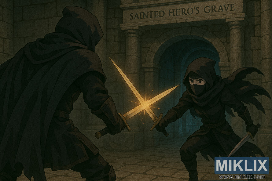 Anime-style scene of the Tarnished facing the Black Knife Assassin with glowing blades at the entrance of the Sainted Heroâs Grave.