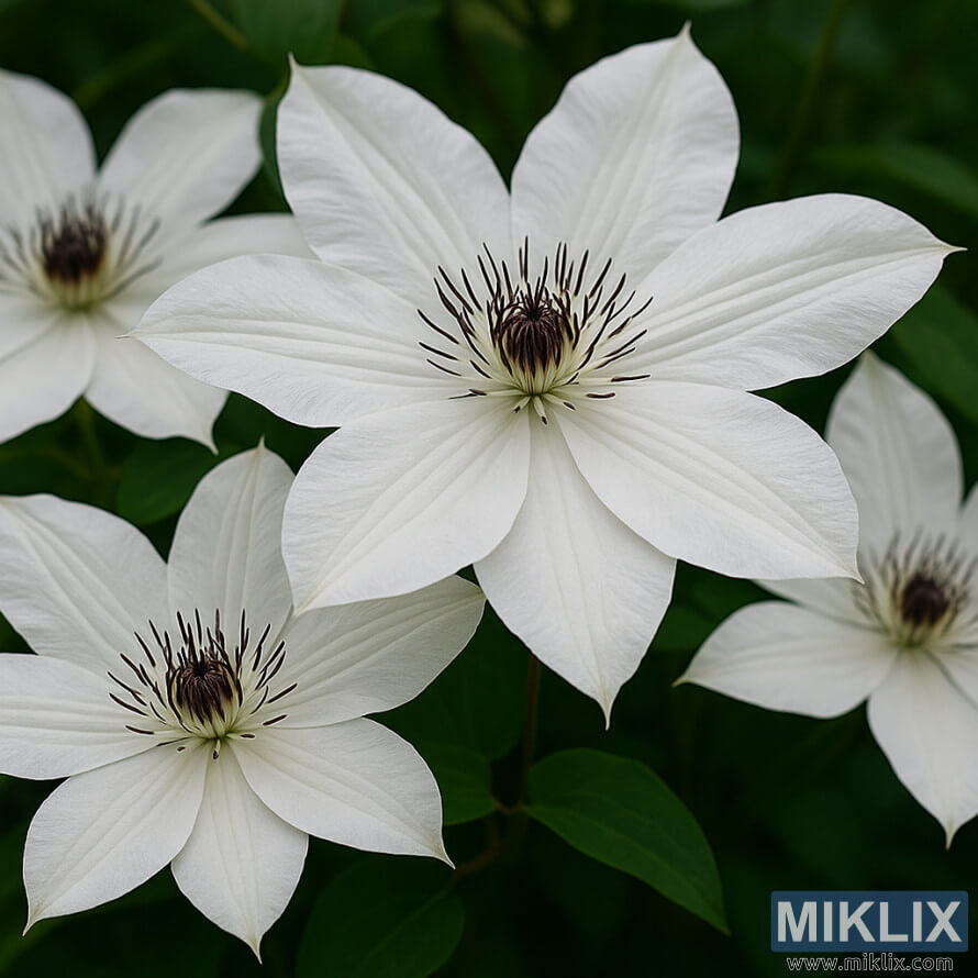 Gros plan dÃ©taillÃ© de grandes fleurs blanches de Clematis 'Henryi' avec anthÃ¨res violet foncÃ© sur un feuillage vert.