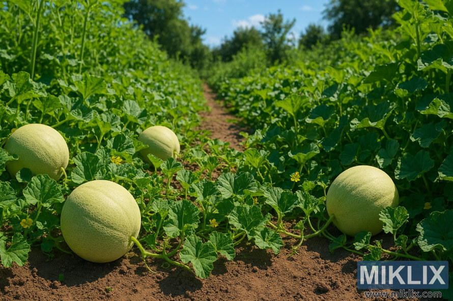 Ripe honeydew melons growing in a sunny garden with green vines and rich soil Ripe honeydew melons growing in a sunny garden with green vines and rich soil