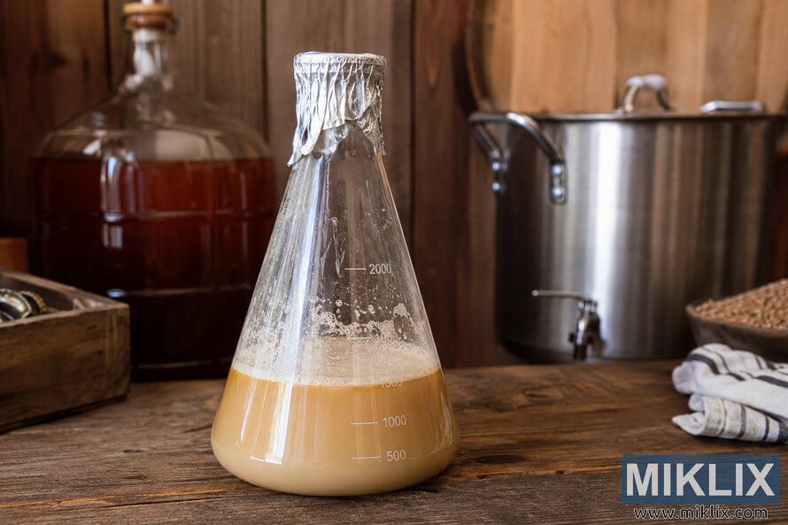 A glass Erlenmeyer flask filled with an active ale yeast starter sits on a rustic wooden workbench in a cozy homebrewing environment. The flask is covered with crinkled aluminum foil and contains cloudy golden liquid with visible foam and yeast activity. In the softly blurred background are traditional brewing tools including a stainless steel brew kettle, an amber glass fermenter, grains, and wooden surfaces illuminated by warm natural light. A glass Erlenmeyer flask filled with an active ale yeast starter sits on a rustic wooden workbench in a cozy homebrewing environment. The flask is covered with crinkled aluminum foil and contains cloudy golden liquid with visible foam and yeast activity. In the softly blurred background are traditional brewing tools including a stainless steel brew kettle, an amber glass fermenter, grains, and wooden surfaces illuminated by warm natural light.