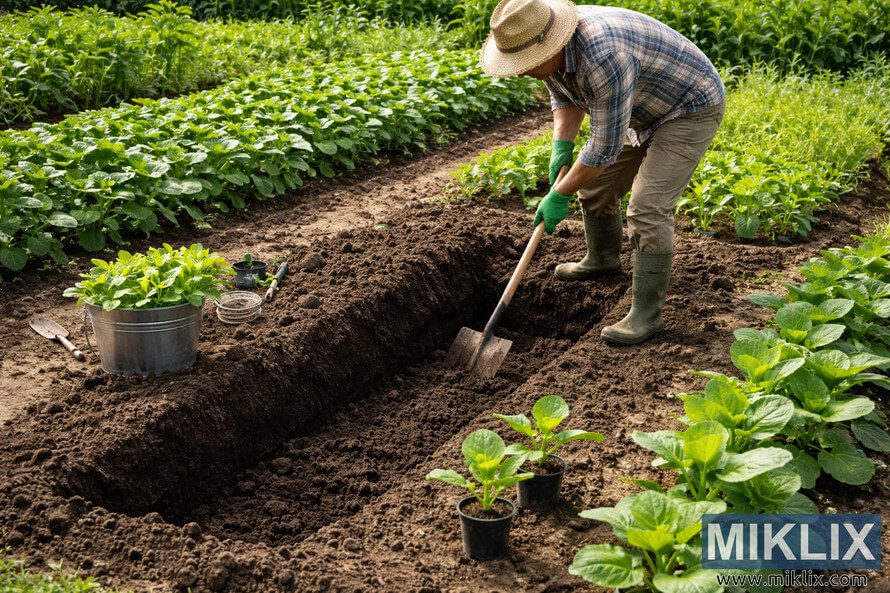 Gardener digging and loosening a deep soil bed in a vegetable garden to prepare for planting burdock, with rich earth and natural light in a wide landscape scene.