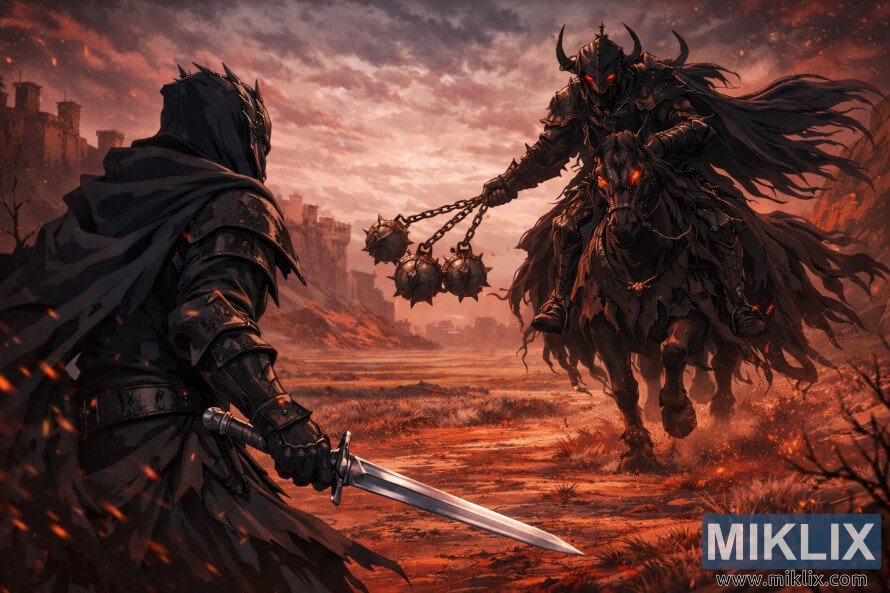 Anime-style fan art showing the Tarnished from behind on the left with a drawn sword facing the Nightâs Cavalry on a skeletal horse wielding a three-balled flail in the red wastelands of Caelid.