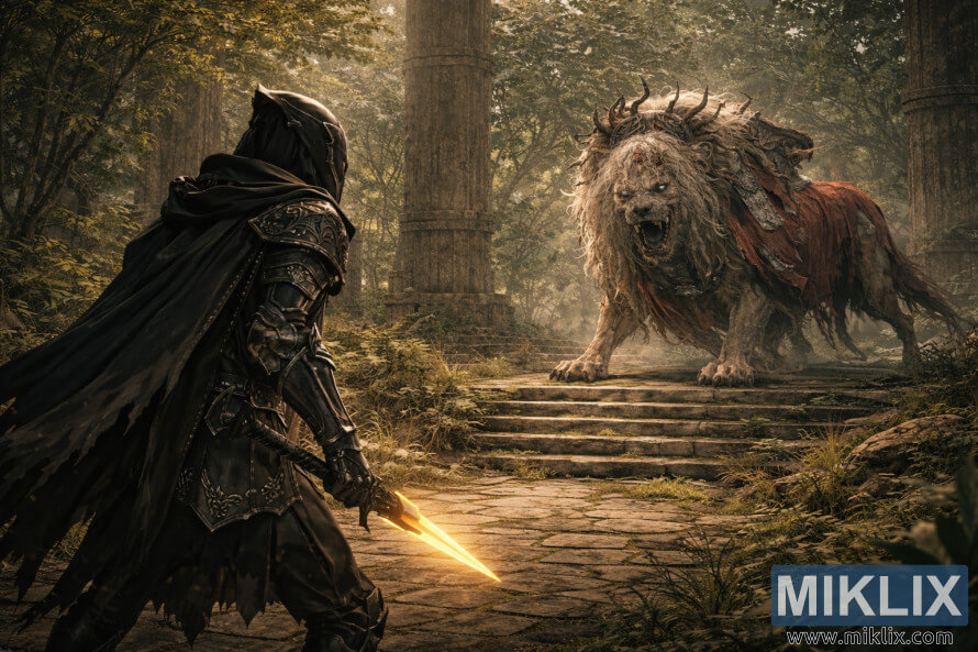 Anime-style fan art showing the Tarnished from behind on the left, wielding a glowing dagger while facing the towering Divine Beast Dancing Lion in the overgrown Ancient Ruins of Rauh. Anime-style fan art showing the Tarnished from behind on the left, wielding a glowing dagger while facing the towering Divine Beast Dancing Lion in the overgrown Ancient Ruins of Rauh.