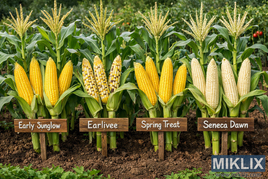 Four cool-season corn varietiesâEarly Sunglow, Earlivee, Spring Treat, and Seneca Dawnâgrowing in labeled rows in a lush vegetable garden.