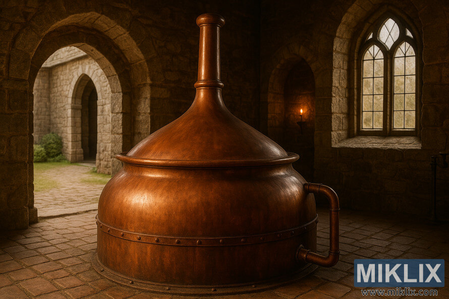 Wani babban jirgin ruwa na jan karfe a cikin babban Éakin gidan Belgium tare da bangon dutse, tagogin Gothic, da hasken kyandir. Wani babban jirgin ruwa na jan karfe a cikin babban Éakin gidan Belgium tare da bangon dutse, tagogin Gothic, da hasken kyandir.