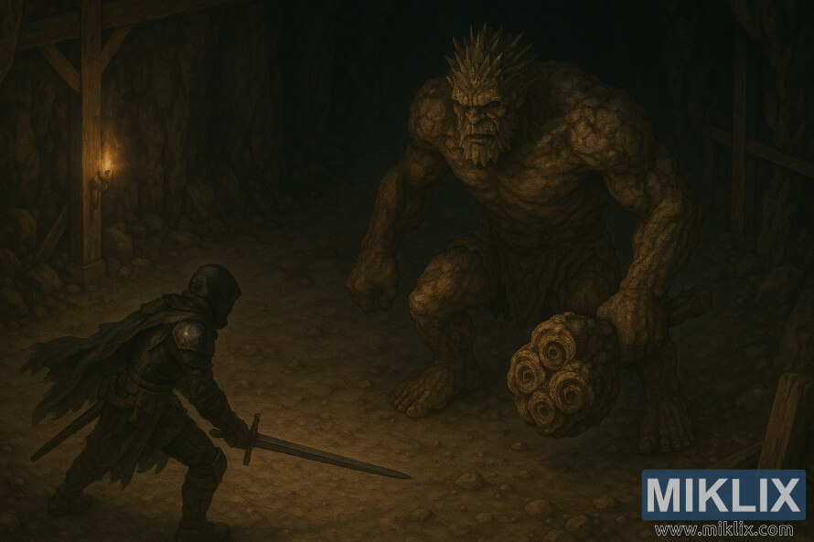 Grafika fantasy przedstawiajÄ
ca Zniszczonego z prostym mieczem walczÄ
cego z potÄżnym Trollem Kamiennym w ciemnym podziemnym tunelu. Grafika fantasy przedstawiajÄ
ca Zniszczonego z prostym mieczem walczÄ
cego z potÄżnym Trollem Kamiennym w ciemnym podziemnym tunelu.