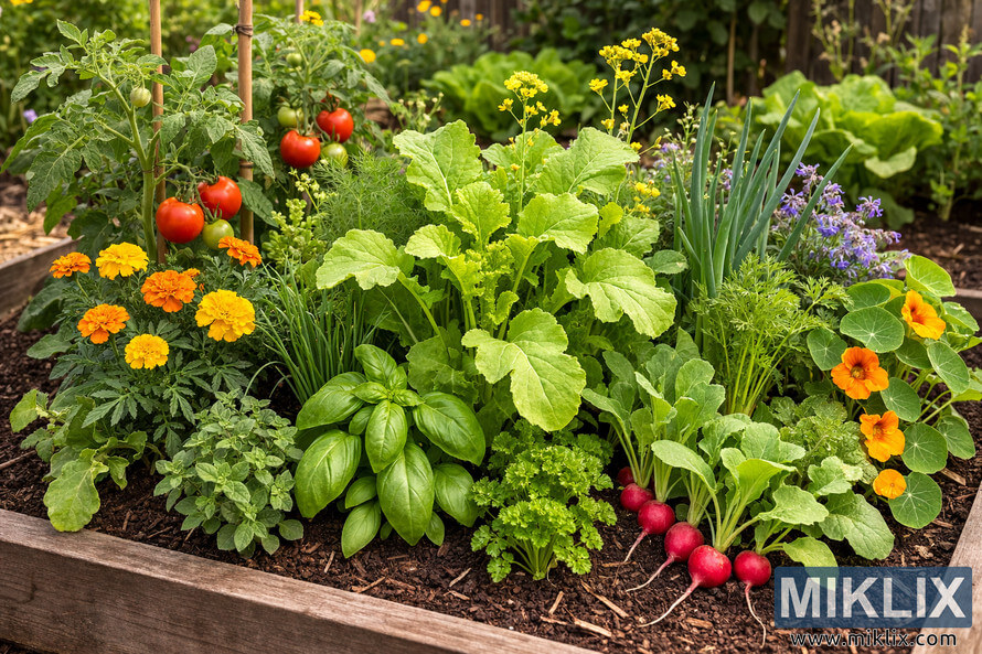 High-resolution landscape photo of mustard plants with yellow flowers growing alongside tomatoes, marigolds, basil, radishes, onions, and herbs in a raised garden bed.