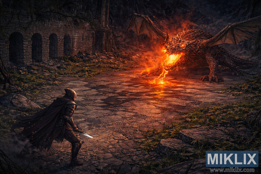 HÃ¬nh áº£nh phá»i cáº£nh isometric theo phong cÃ¡ch anime thá» hiá»n bá» giÃ¡p Tarnished in Black Knife á» phÃ­a dÆ°á»i bÃªn trÃ¡i, Äá»i máº·t vá»i con rá»ng Magma Wyrm khá»ng lá» Makar trong má»t hang Äá»ng Äá» nÃ¡t.