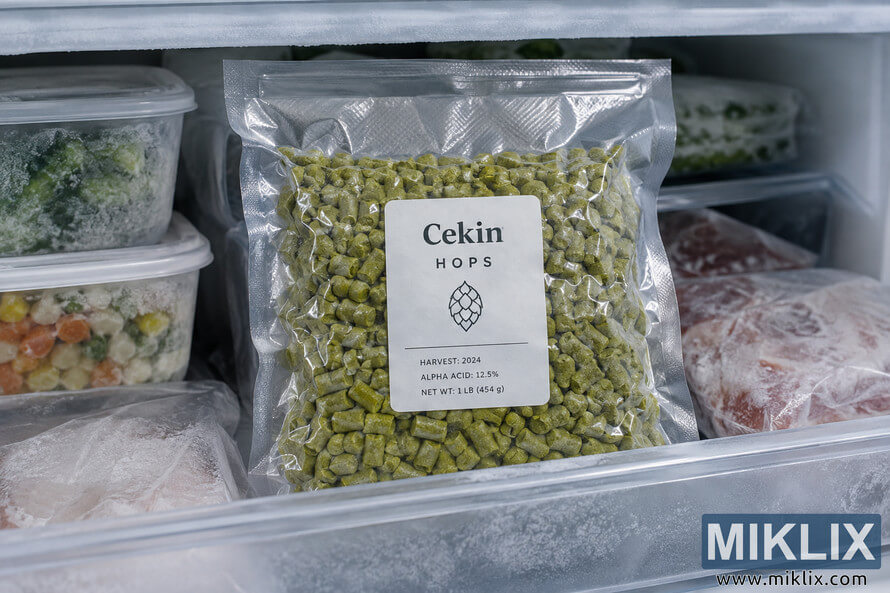 Close-up landscape photo of a clear vacuum-sealed package filled with green hop pellets, stored upright among frost-covered frozen foods inside a freezer.