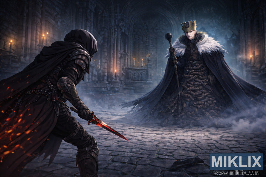 Wide anime-style view of the Tarnished seen from behind on the left, facing the aged Count Ymir amid towering gothic arches inside a mist-filled cathedral. Wide anime-style view of the Tarnished seen from behind on the left, facing the aged Count Ymir amid towering gothic arches inside a mist-filled cathedral.