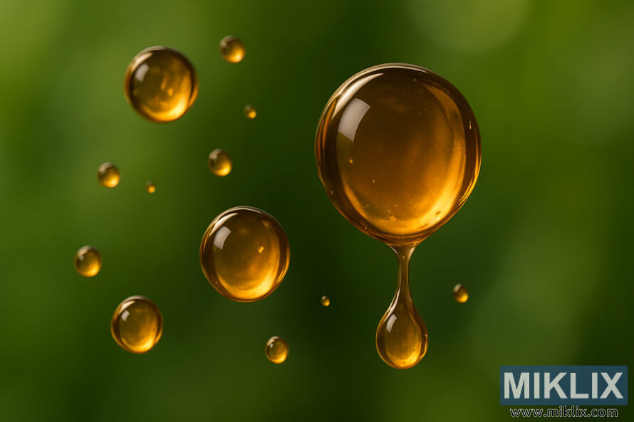 Photographie macro de gouttelettes d'huile de houblon ambrÃ©e chaude suspendues sur un fond de feuillage vert flou.