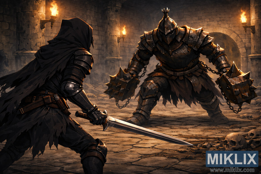 Anime-style illustration of the Tarnished wielding a sword while facing the Grave Warden Duelist at close range inside the torchlit Murkwater Catacombs.