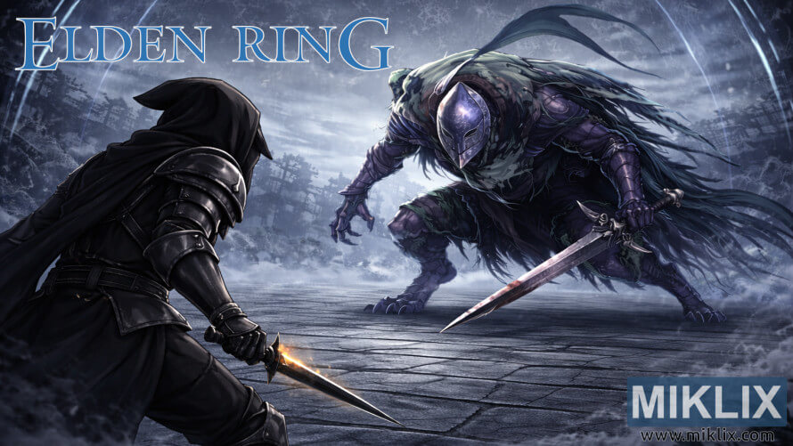 Fan art scene of a Black Knife armored player facing Bloodhound Knight Darriwil with swords drawn inside a misty magical arena in Elden Ring. Fan art scene of a Black Knife armored player facing Bloodhound Knight Darriwil with swords drawn inside a misty magical arena in Elden Ring.