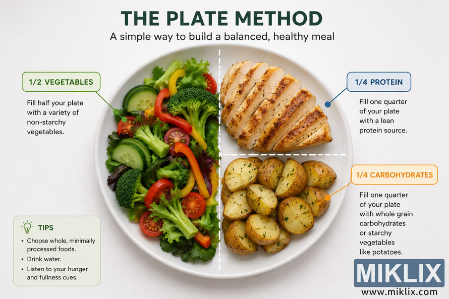 Landscape infographic illustrating the plate method for balanced eating. A round white plate is divided into three sections: half filled with colorful non-starchy vegetables, one quarter with sliced lean grilled poultry, and one quarter with roasted potatoes representing carbohydrate-rich foods. Labels and callouts explain the recommended proportions, with additional healthy eating tips displayed in the lower-left corner. Landscape infographic illustrating the plate method for balanced eating. A round white plate is divided into three sections: half filled with colorful non-starchy vegetables, one quarter with sliced lean grilled poultry, and one quarter with roasted potatoes representing carbohydrate-rich foods. Labels and callouts explain the recommended proportions, with additional healthy eating tips displayed in the lower-left corner.