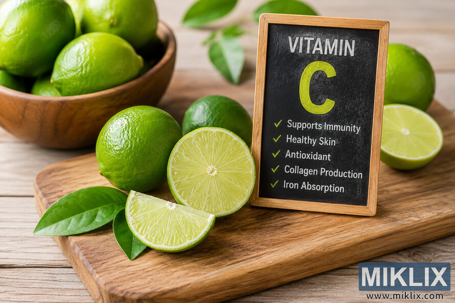 A landscape-oriented still life featuring whole and sliced fresh green limes arranged on a rustic wooden cutting board beside a small chalkboard listing vitamin C benefits.