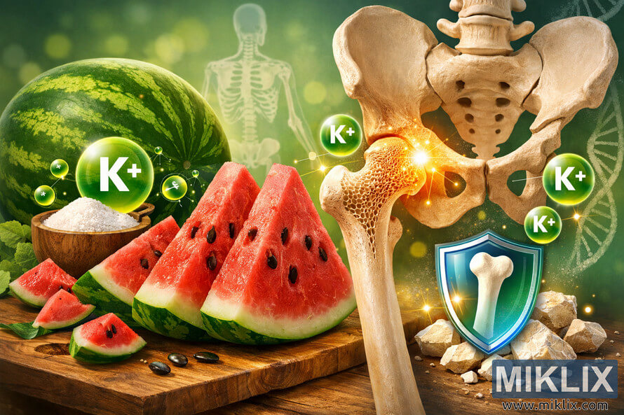 Digital illustration showing watermelon slices and potassium ions enhancing bone health with glowing femur and pelvis. Digital illustration showing watermelon slices and potassium ions enhancing bone health with glowing femur and pelvis.