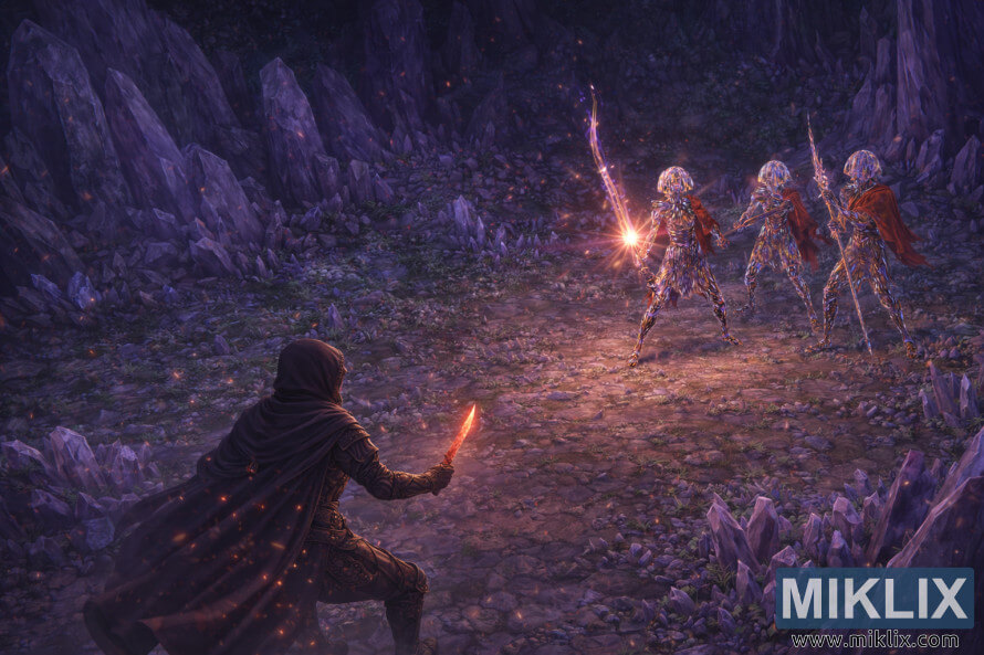 Isometric anime-style fan art of the Tarnished in Black Knife armor facing the Putrid Crystalian Trio in a glowing crystal cavern.