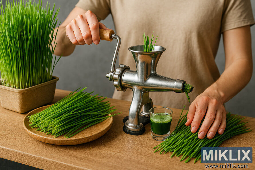 Person juicing freshly cut wheatgrass with a manual stainless steel juicer on a wooden countertop