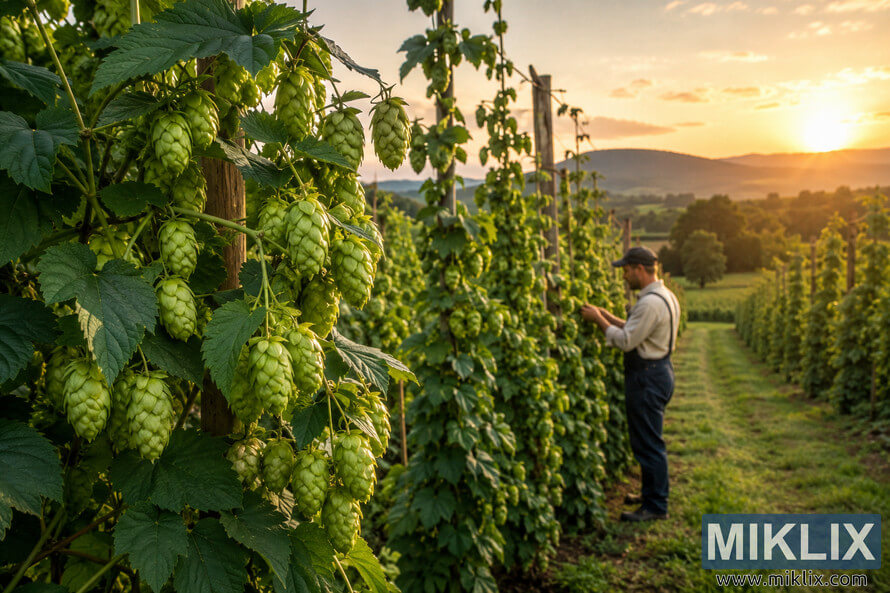 Landscape photograph of a serene Brambling hop garden at golden sunrise featuring lush green hop vines climbing wooden trellises, prominent cone-shaped hop clusters in the foreground, a skilled brewer inspecting the plants among orderly rows, and rolling hills with distant trees illuminated by warm natural morning light. Landscape photograph of a serene Brambling hop garden at golden sunrise featuring lush green hop vines climbing wooden trellises, prominent cone-shaped hop clusters in the foreground, a skilled brewer inspecting the plants among orderly rows, and rolling hills with distant trees illuminated by warm natural morning light.